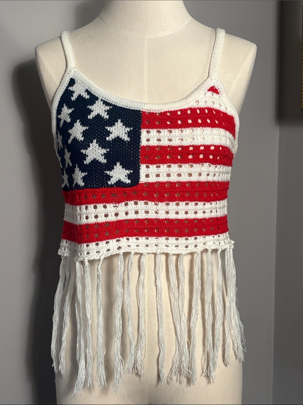 Medium Crochet American Flag Fringe Tank Top - Red White Blue